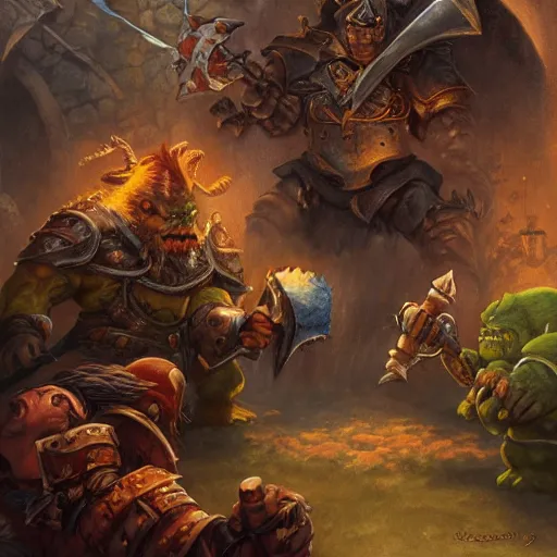 Image similar to knights vs orcs, oil painting by justin gerard, deviantart