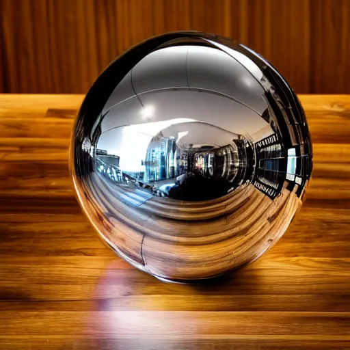 Image similar to shiny reflective mirror sphere laying on a table, high detail, complex