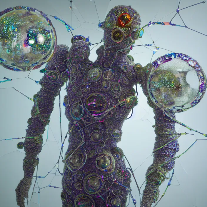 Prompt: a cybernetic symbiosis of a Massimo Boldi mech-organic eva suit made of pearlescent wearing knitted shiny ceramic multi colored yarn thread infected with diamond 3d fractal lace iridescent bubble 3d skin dotted covered with orb stalks of insectoid compound eye camera lenses floats through the living room, film still from the movie directed by Denis Villeneuve with art direction by Salvador Dalí, wide lens,kevlar,carbon fiber,ceramics,gaseous materials,