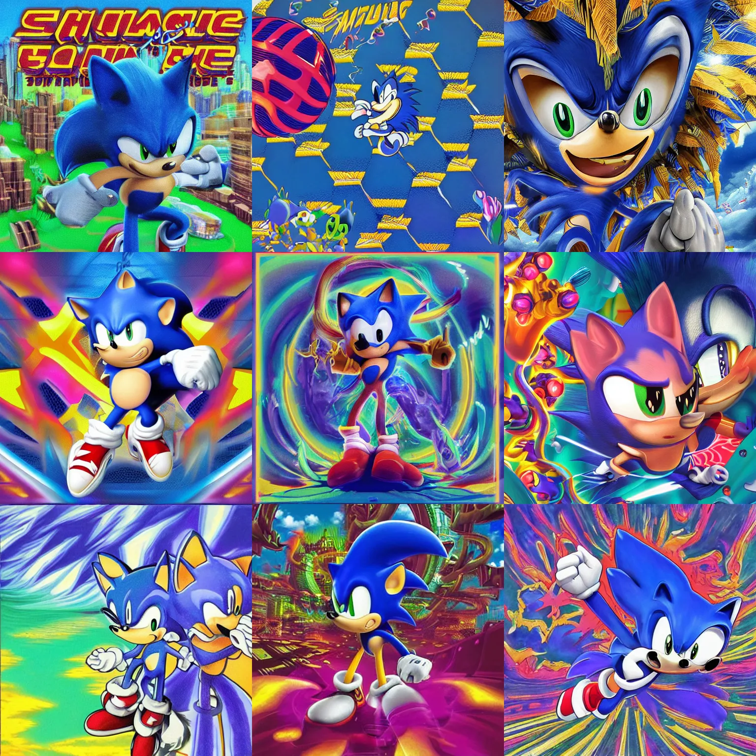 Prompt: sonic the hedgehog in a surreal, sharp, detailed professional, high quality airbrush art MGMT album cover of a liquid dissolving LSD DMT blue sonic the hedgehog flying through vaporwave synthwave, purple checkerboard background, 1990s 1992 Sega Genesis video game album cover