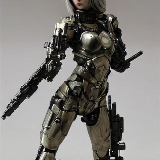 Prompt: cybernetic female supersoldier armed with laser rifle, intricate detail, royo, whealan,