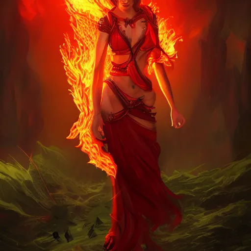 Prompt: Hot fire goddess, skin of flames, rampaging, stormy background, forest fire, breathing fire, fire in hand, concept art, artstation, 4k
