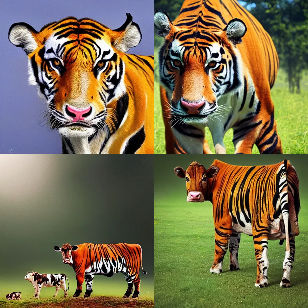 Prompt: cow with ( tiger ) stripes, cow, cow, wildlife photography, hyperrealistic