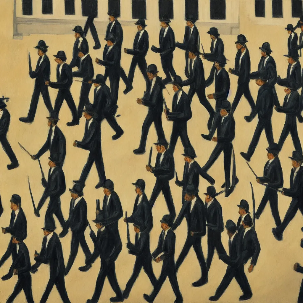 Image similar to painting of marching men in business suits, in a dystopian city, in the style of edward hopper