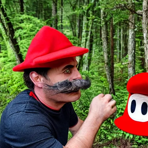 Image similar to italian man with a mustache dressed as mario wearing a solid red mario hat drooling, eyes rolled back, looking at red mushroom with white spots, in a forest