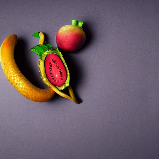 Prompt: award winning studio photography of a snake with weird fruit, studio lighting, solid background