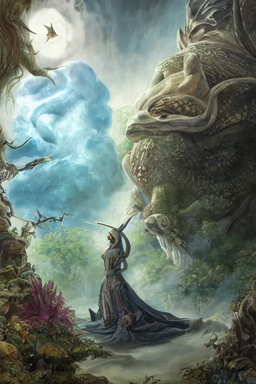 Image similar to A fantasy book style portrait painting of the Great Turtle Island at the center of the Universe, accompanied by a hybrid, Anya_Taylor-Joy, Cory Chase, Eva Green, as a Mystical Valkyrie, Anubis-Reptilian, Atlantean Warrior, François Boucher, Oil Painting, unreal 5, DAZ, hyperrealistic, octane render, Regal, Refined, Detailed Digital Art, RPG portrait, Walt Disney (1937), William-Adolphe Bouguereau, Michael Cheval, Steampunk, Volumetric Golden dappled dynamic lighting, Highly Detailed, Cinematic Lighting, Unreal Engine, 8k, HD