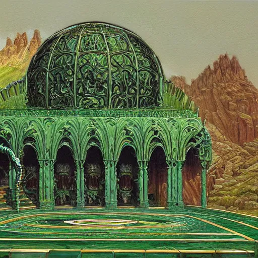 Image similar to an oil painting by michael whelan and donato giancola of a palace made of green, polished, swirling malachite and jade