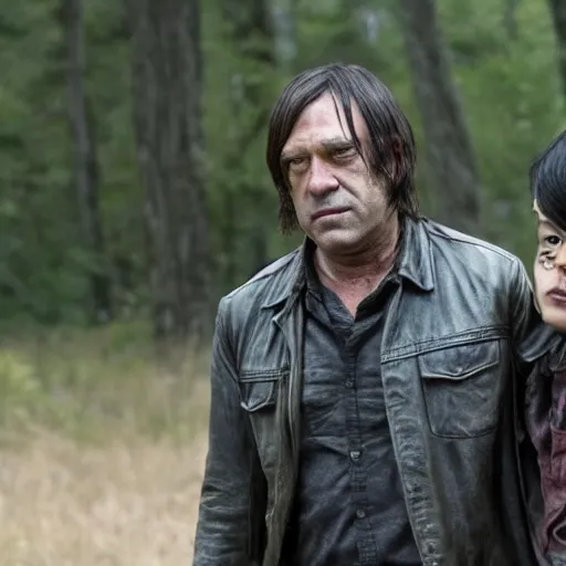 Image similar to cinematic still from the walking dead tv show with negan played by anton chigurh, smirking and holding lucile, dark