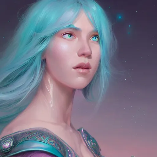 Image similar to teal haired mage, female, glacier landscape, norway, d & d, fantasy, intricate, elegant, highly detailed, digital painting, pink and teal color palette, artstation, octane render, concept art, matte, sharp focus, illustration, herrarthstone, art by artgerm and greg rutkowski and alphonse mucha