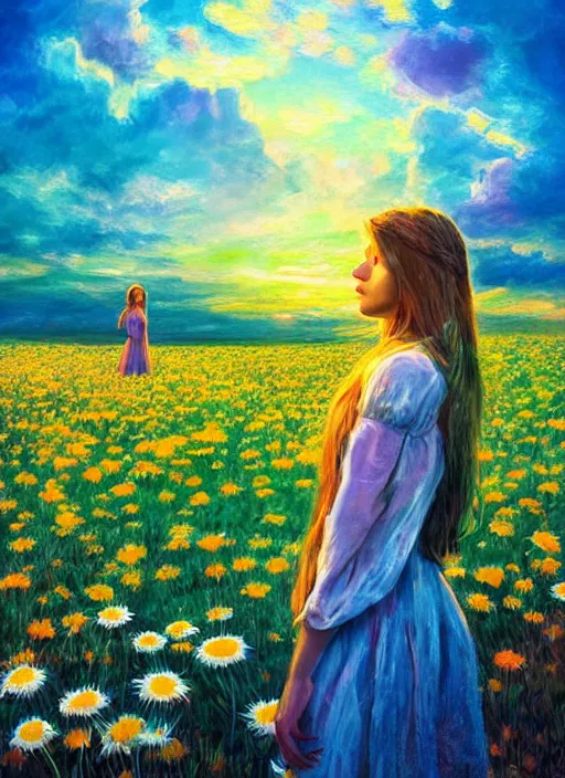 Image similar to girl face made of giant daisies, standing in a flower field, holding flowers, surreal photography, sunset dramatic light, impressionist painting, colorful clouds, large sky, digital painting, artstation, simon stalenhag