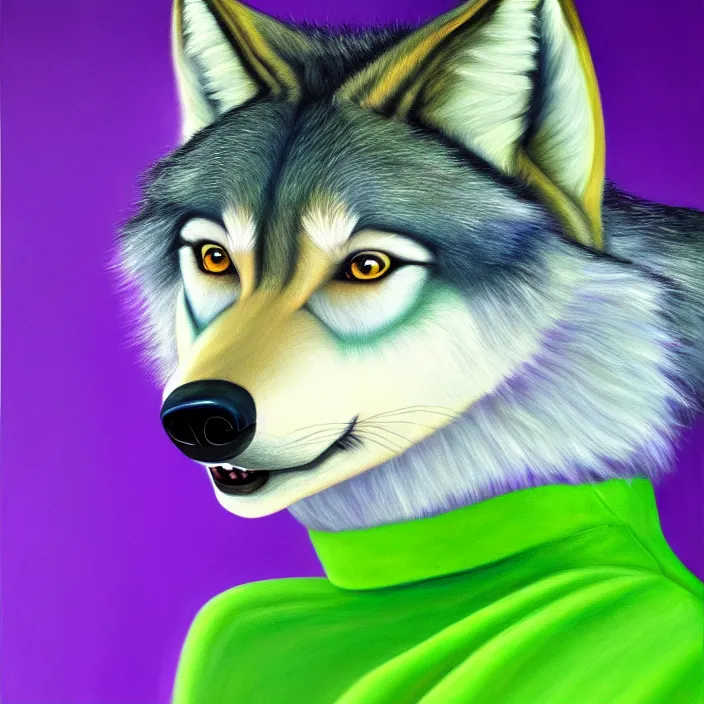 Prompt: a photorealistic painting of an anthropomorphic female wolf fursona wearing a green dress, violet hair, furry, soft lighting, oil on canvas, hyper detailed