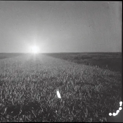 Image similar to a very bright flash in the sky, a large explosion in the distance, taken on a ww 2 camera, very high bloom ammount, realistic, the photograph is very dirty.