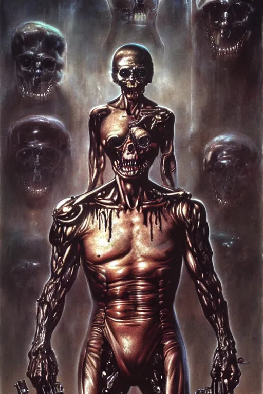 Image similar to the terminator in the style of wayne barlowe, gustav moreau, goward, bussiere, roberto ferri, santiago caruso, luis ricardo falero, frazetta