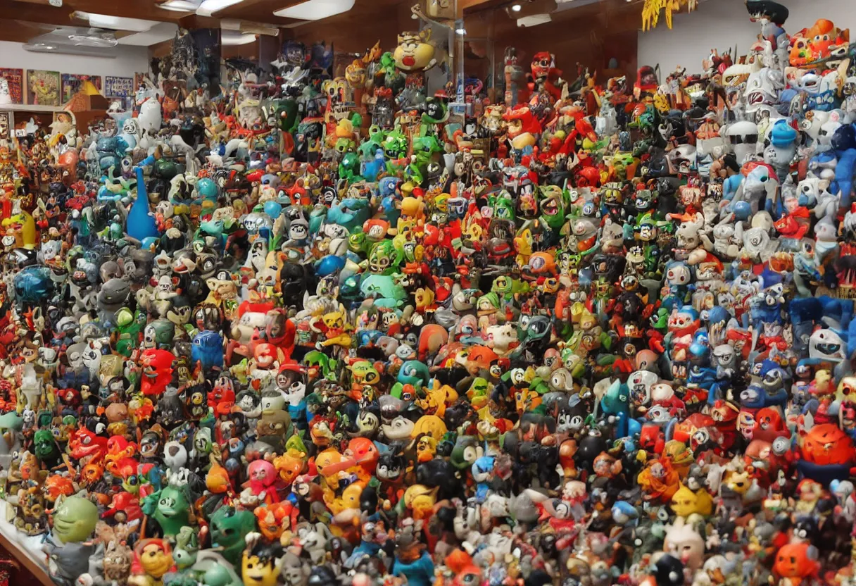 Prompt: vintage collection of 1 9 6 0 s japanese monster toys on display