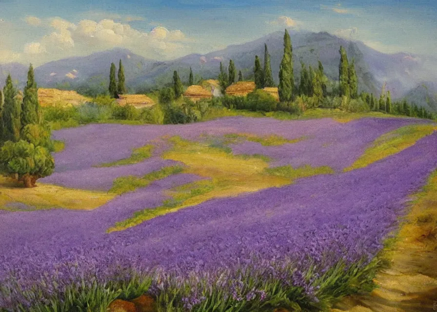 Image similar to lavander field in italian landscape, oil painting