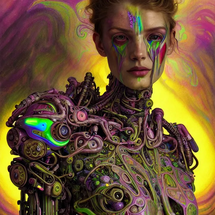 Prompt: bright psychedelic portrait of organic cyborg covered in mud in an ancient forest, diffuse lighting, fantasy, intricate, elegant, highly detailed, lifelike, photorealistic, digital painting, artstation, illustration, concept art, smooth, sharp focus, art by John Collier and Albert Aublet and Krenz Cushart and Artem Demura and Alphonse Mucha