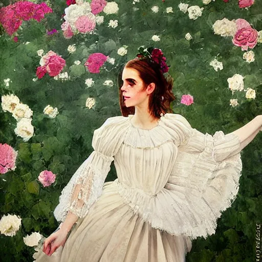 Image similar to painting on wall full body fashion model emma watson by Winslow Homer smokey eyes makeup eye shadow fantasy, glow, shimmer as victorian woman in a long white frilly lace dress and a large white hat having tea in a sunroom filled with flowers, roses and lush fern flowers ,intricate, night, highly detailed, dramatic lighting , high quality