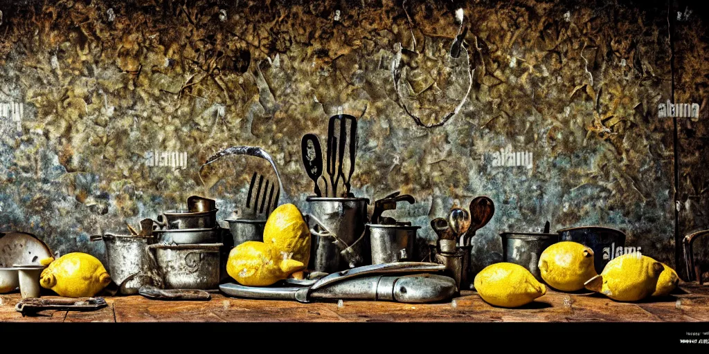 Prompt: decaying rotting lemons, moldy, on an antique distressed table top, metal kitchen utensils, old kitchen backdrop, dark kitchen, style by peter lippmann, intricate detail,