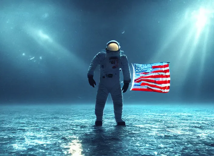 Image similar to astronaut holding a flag in an underwater desert. a submarine is visible in the distance. dark, concept art, cinematic, dramatic, atmospheric, 8 k, trending on artstation, blue, fish, low visibility, light rays, extremely coherent, bubbles, fog, ocean floor, christopher nolan, interstellar