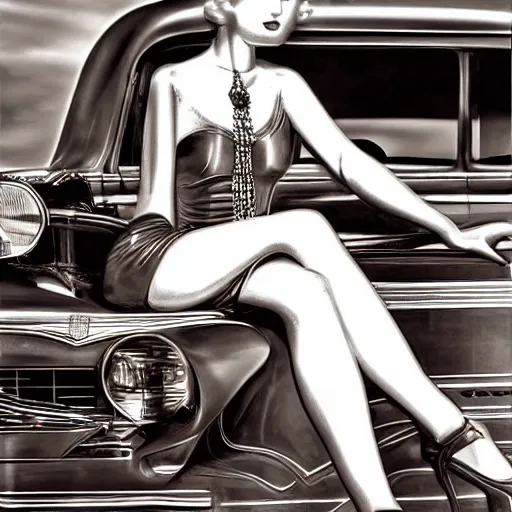 Image similar to art deco lady by the car city scenic, detailed, photorealistic