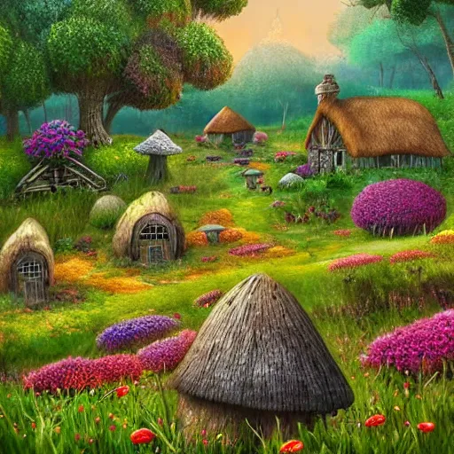 Prompt: Realistic digital art of mushroom cottage village on a colorful meadow, cottagecore vista concept art by Ed Binkley