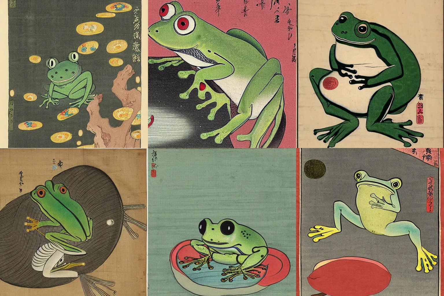 Prompt: The Wednesday Frog, Itō Jakuchu, 1790, hanging out with orbs, I like to play the drums