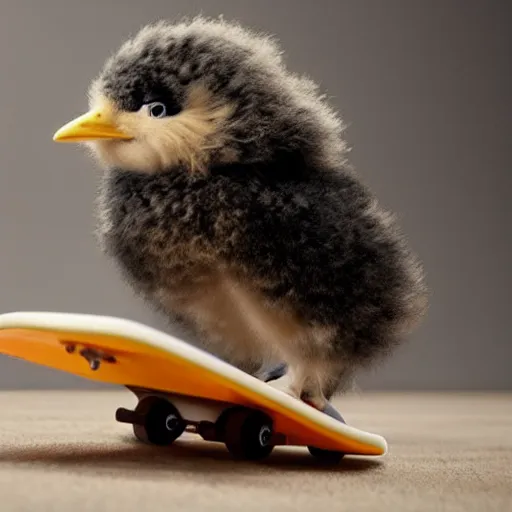 Image similar to fluffy chick riding mini skateboard, photorealistic