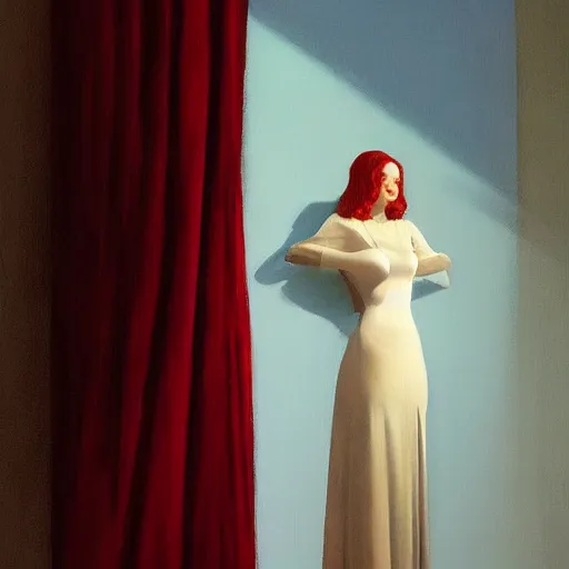 Prompt: beautiful woman in elegant clothing under soft blue light and standing in a burgundy room with vacant stare by edward hopper, arcimboldo, david lynch, greg rutkowski,, trending on artstation