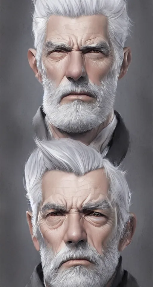 Image similar to very ugly man with silver hair wearing grey suit by artgerm and wlop and krenz cushart, painterly