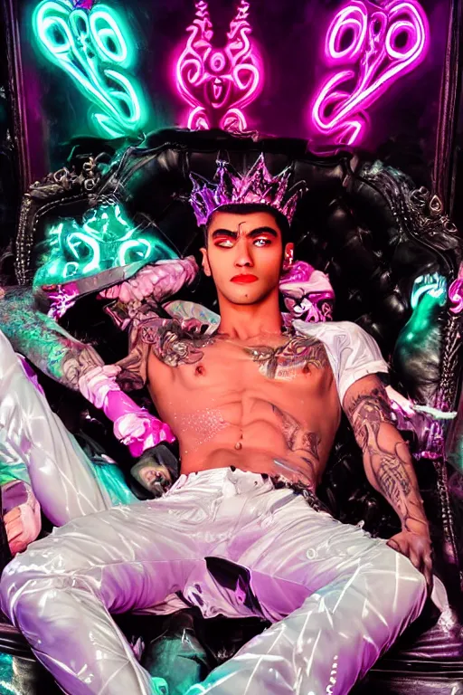 Prompt: full-body rococo and cyberpunk style neon statue of a muscular attractive Zayn Malik macho dotado e rico android sim roupa reclining con las piernas abertas e la piroca dura, ethereal white dripping tar, glowing orange lasers, pink tigers, glowing eyes, silver prince crown, black gears, pink diamonds, swirling mint-colored silk fabric. futuristic elements. full-length view. human skulls. large intricate artwork by caravaggio. Trending on artstation, octane render, cinematic lighting from the right, hyper realism, octane render, 8k, depth of field, 3D