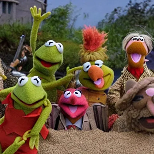 Prompt: screenshot of the muppets beach battle in world war 2 movie saving private muppets d-day W 1024