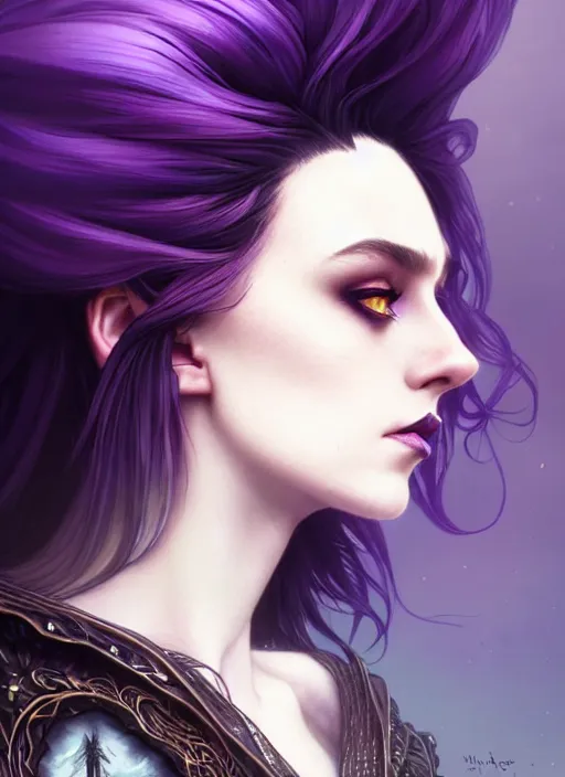 Prompt: side portrait Melanie as dark witch, adventurer outfit large cloak, fantasy forest landscape, dragon scales, fantasy magic, undercut hairstyle, short purple black fade hair, dark light night, intricate, elegant, sharp focus, illustration, highly detailed, digital painting, concept art, matte, art by WLOP and Artgerm and Greg Rutkowski and Alphonse Mucha, masterpiece