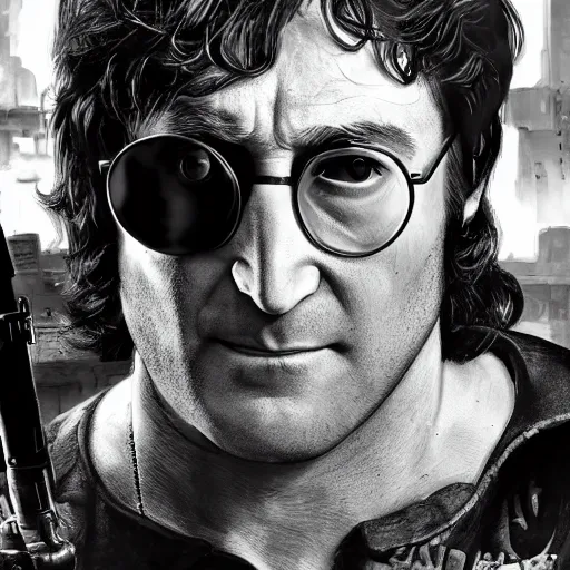 Image similar to john lennon as frank castle the punisher, ultra realistic, concept art, intricate details, highly detailed, photorealistic, octane render, 8 k, unreal engine, art by frank frazetta, simon bisley, brom