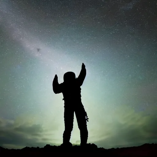 Image similar to astronaut silhouette with arms extended forward, bottom of arms lit by light coming from off camera, light coming from below, starry sky background, lit from below, full body photo,, 8 k