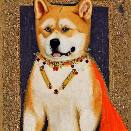 Image similar to female red akita inu dog dressed as a queen in an ornate dress with orange slices pattern, medieval painting