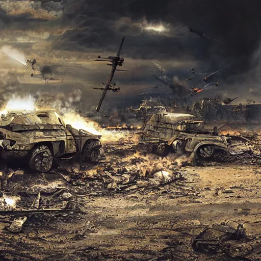 Image similar to hyper realism, realistic apocalyptic war scene, explosions