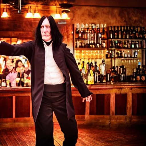 Prompt: Severus Snape dances in a bar, neon, realistic, full body, very detailed, super realistic dramatic view