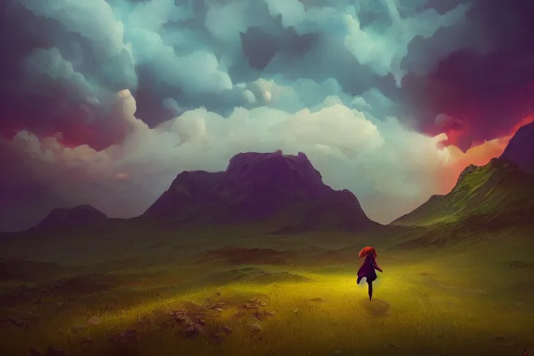 Image similar to giant dahlia flower as a head, girl walking on mountain, surreal photography, stars, dramatic light, impressionist painting, storm clouds, digital painting, artstation, simon stalenhag