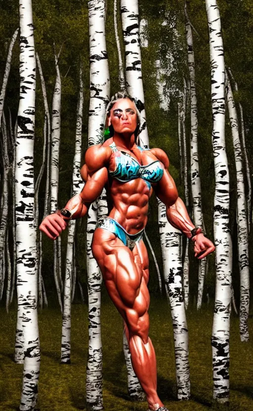 Image similar to photo of female bodybuilders posing in a birch forest jeff koons hip hop bauhaus style, beautiful detailed face, ultra realistic, concept art, intricate details, serious, highly detailed, photorealistic, octane render, 8 k, unreal engine, art by todd mcfarlane