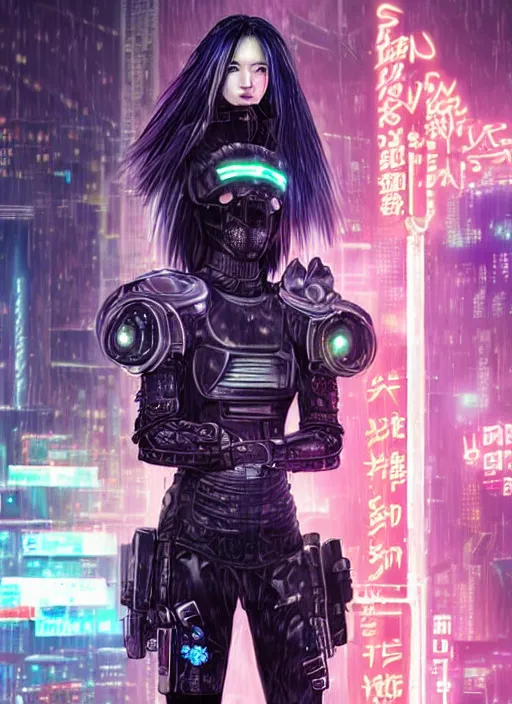 Prompt: stunning futuristic superb cyberpunk young female Samurai wearing samurai armor hybrid with military tactical vest, armor has neon circuitry, long white hair, windswept hair, sci-fi in futuristic stormy heavy rain thunder flashing tokyo rooftop cyberpunk night, sci-fi,fantasy, intricate, very very beautiful, elegant, neon light, highly detailed, digital painting, artstation, hyper realism, concept art, soft light, hdri, smooth, sharp focus, illustration, art by tian zi and craig mullins and WLOP and alphonse mucha