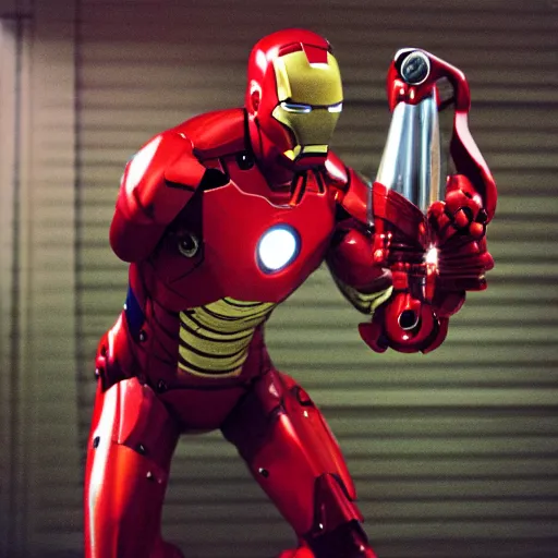 Prompt: photo of ironman with chainsaw arms, cinestill, 800t, 35mm, full-HD