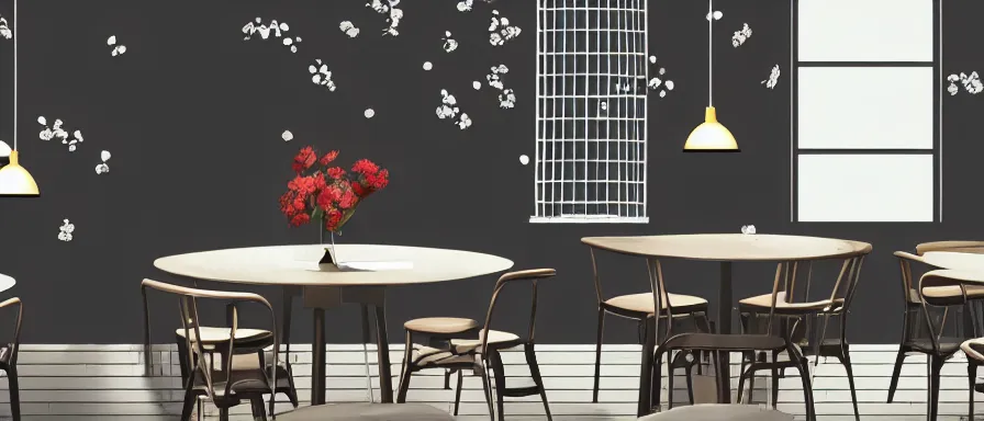 Image similar to a beautiful simple interior 4 k hd wallpaper illustration of small roasted string hotpot restaurant restaurant yan'an, animation illustrative style, from china, restaurant theme wallpaper is tower and mountains, rectangle white porcelain table, black chair, fine simple delicate structure, simple style structure decoration design, victo ngai, james jean, 4 k hd