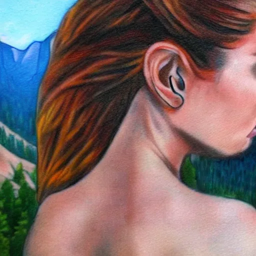 Image similar to tattoo design sketch of a beautiful girl against a beautiful mountain scenery, hyper realistic