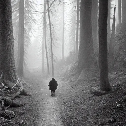 Image similar to old photograph of a monster walking through an eerie forest behind a hiker