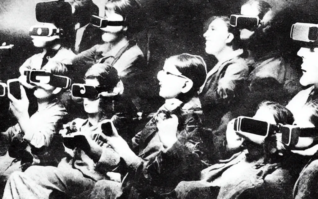 Image similar to 1 9 0 0 s photo of people using iphones ipods virtual reality headsets vr in a movie theater double exposure masterpiece