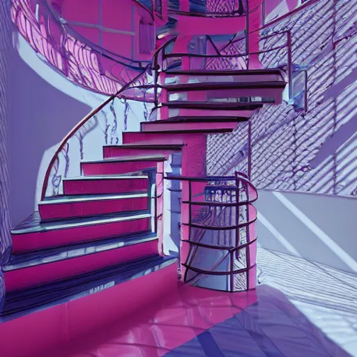 Image similar to a pink and blue interior with a spiral staircase, a raytraced image by Ricardo Bofill, featured on tumblr, retrofuturism, vaporwave, rendered in unreal engine, y2k aesthetic