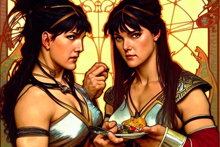 Image similar to xena warrior princess eating at a restaurant with a hispanic man art by artgerm and greg rutkowski and alphonse mucha