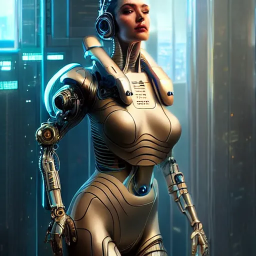 Image similar to a beautiful highly detailed futuristic mechanical woman in seductive confident pose, art by greg rutkowski and mark keathley, cyberpunk, 7 0 mm photo, featured on artstation, 4 k, octane render