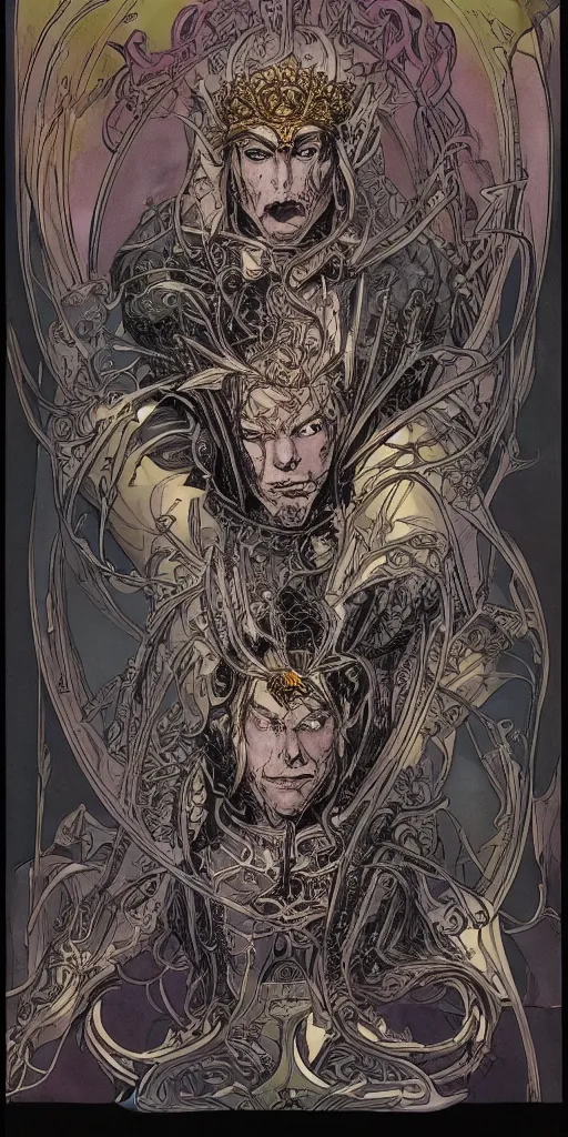 Prompt: a stunning and hypnotic full color art nouveau styled bust portrait of elric as a godlike and stoic chaos king with violent malevolent eyes and intricately detailed black armor by travis charest and michael kaluta, 8k, hyperdetailed